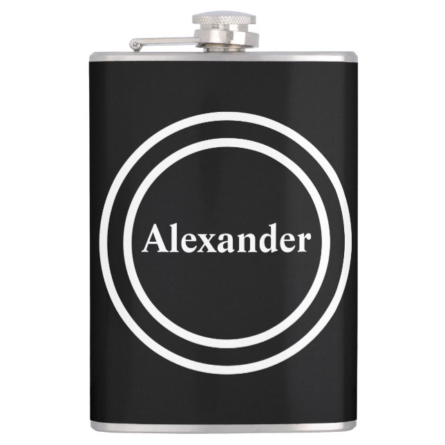 Simple Elegant Black White Monogram Monogrammed Fl Hip Flask (Front)