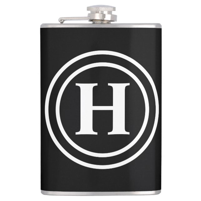 Simple Elegant Black White Monogram Monogrammed Hip Flask (Front)