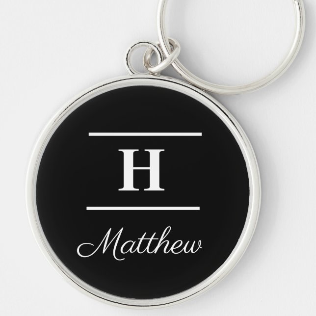 Simple Elegant Black White Monogram Name Stylish Keychain (Front)