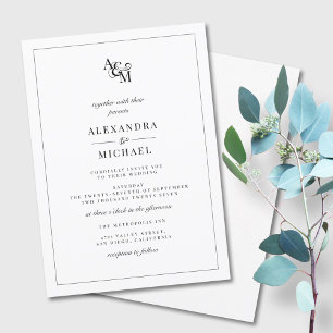 Simple Elegant Black White Monogram Wedding Invitation