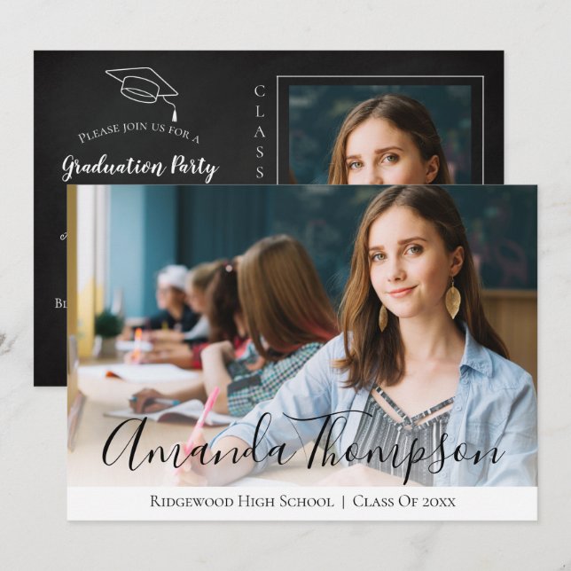 Simple Elegant Black White Multi Photo Graduation Invitation (Front/Back)