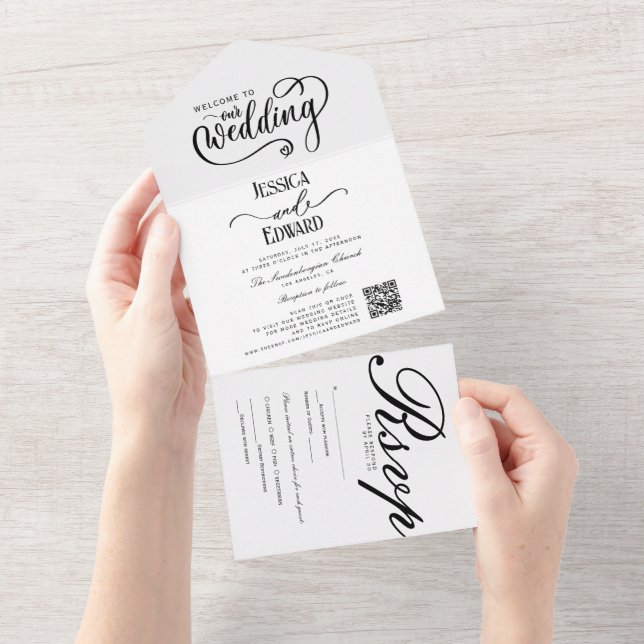 Simple Elegant Black White Qr Code Calligraphy  All In One Invitation (Tearaway)