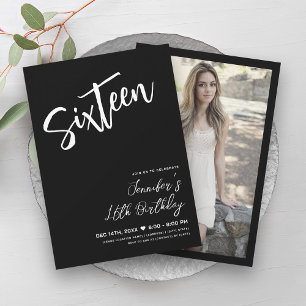 Simple Elegant Black White Sweet 16 Script  Invitation