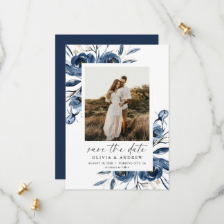 Simple Elegant Blue Floral Script & Photo Wedding  Save The Date