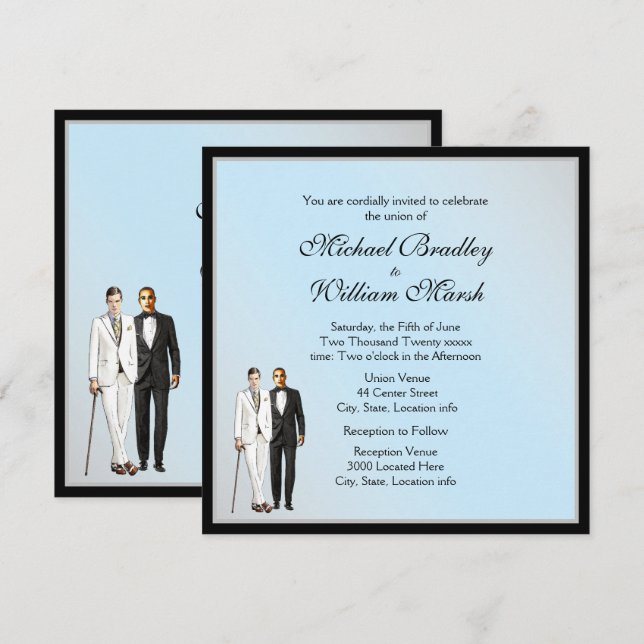 Simple Elegant Blue Gay Wedding Invitation (Devant / Derrière)