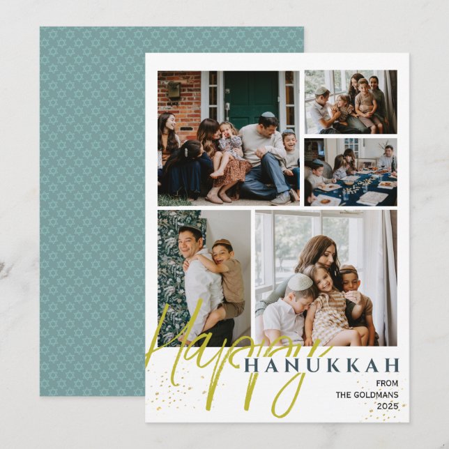 Simple Elegant Blue Happy Hanukkah photo Collage Holiday Card (Front/Back)
