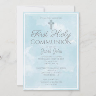 Simple Elegant Blue Marble First Holy Communion Invitation