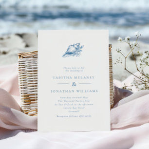 Simple Elegant Blue Seashell Coastal Wedding Invitation