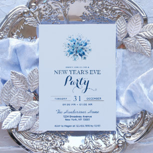 Simple & Elegant Blue Snowflake New Year's Party Invitation