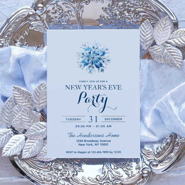 Simple & Elegant Blue Snowflake New Year's Party Invitation (Creator Uploaded)