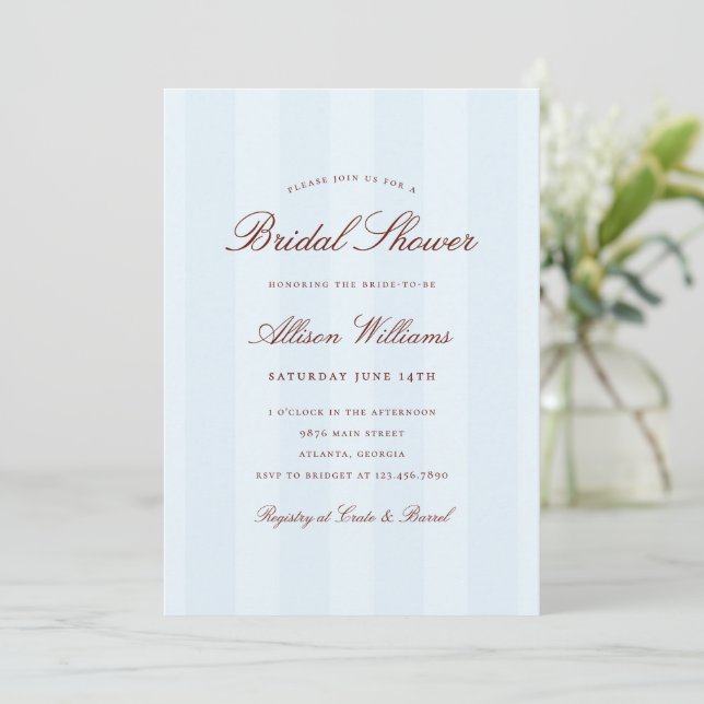 Simple Elegant Blue Striped Bridal Shower Invitation (Standing Front)