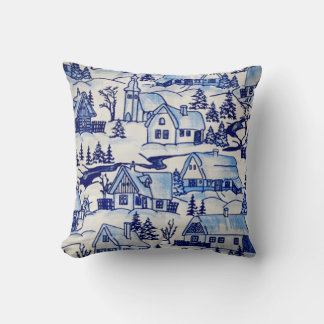 Simple Elegant Blue White Christmas Holiday Town   Throw Pillow