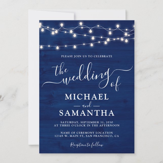 Simple Elegant Blue Wood Rustic Wedding Invitation (Front)