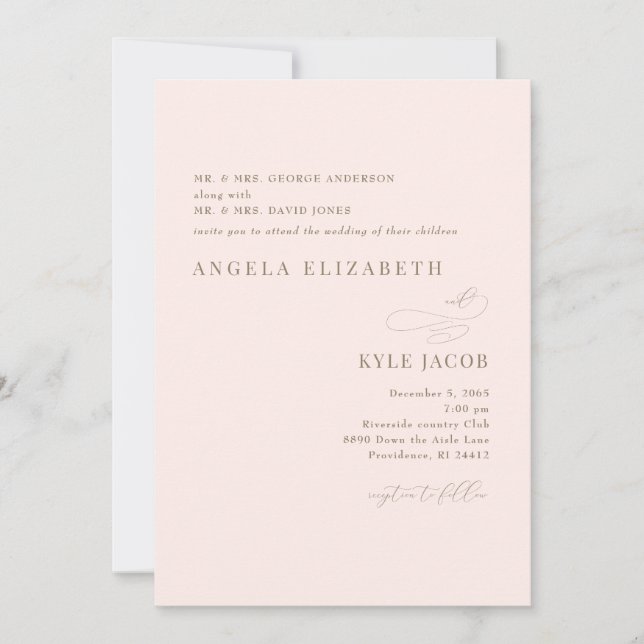 Simple & Elegant Blush Gold Text Wedding  Invitation (Front)