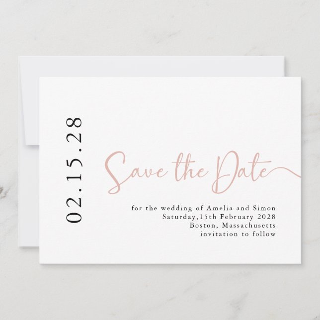 Simple Elegant Blush Pink Calligraphy Font  Save The Date (Front)