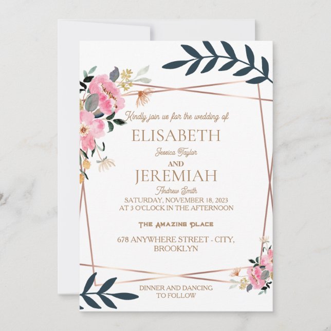 simple elegant boho floral botanical gold wedding invitation (Front)