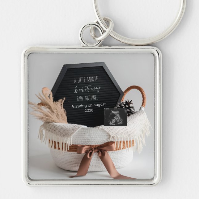 Simple elegant boho pregnancy announcement gift keychain (Front)