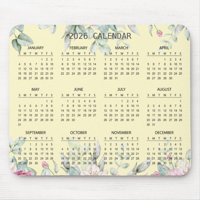 Simple Elegant Botanical 2026 Calendar | Mousepad (Front)