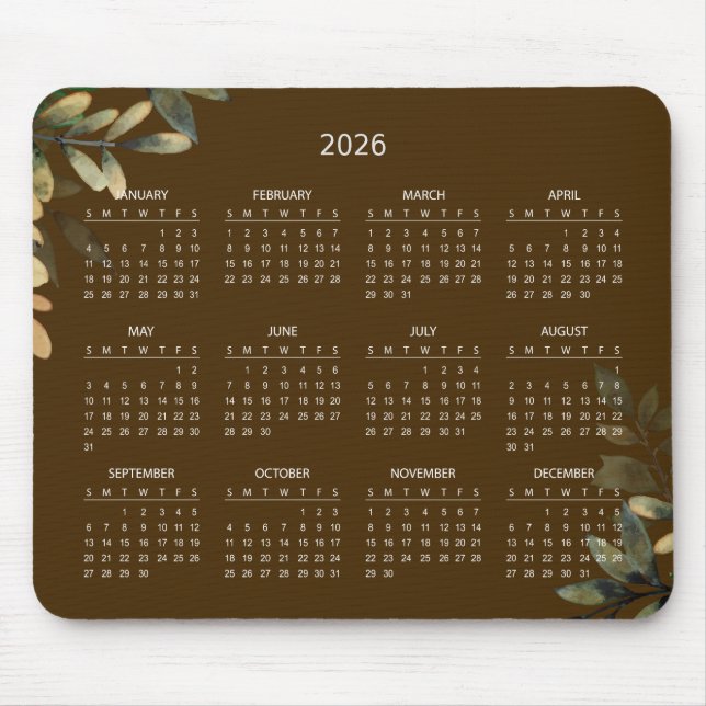Simple Elegant Botanical 2026 Calendar | Mousepad (Front)