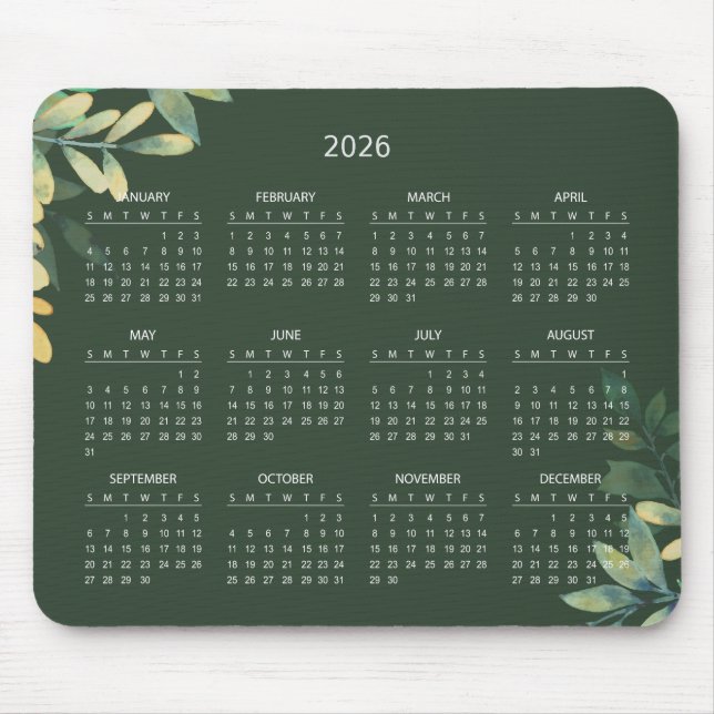 Simple Elegant Botanical 2026 Calendar | Mousepad (Front)
