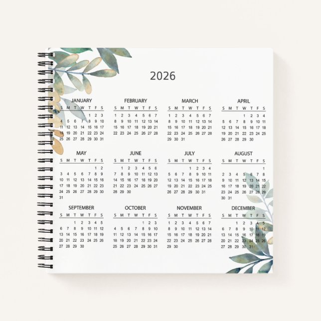Simple Elegant Botanical 2026 Calendar |  Notebook (Front)