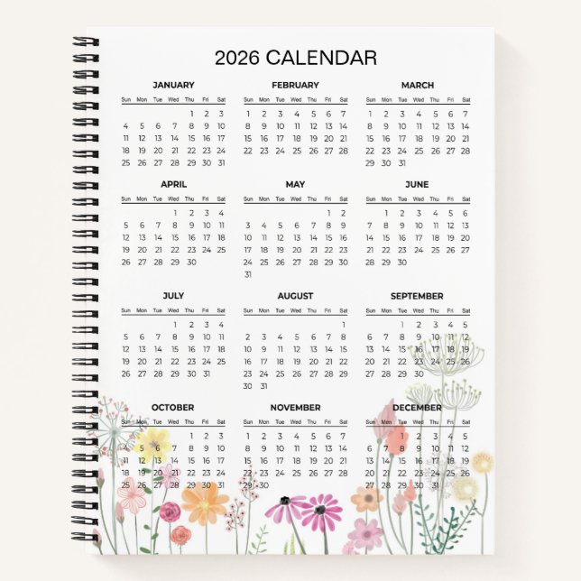 Simple Elegant Botanical 2026 Calendar |  Notebook (Front)