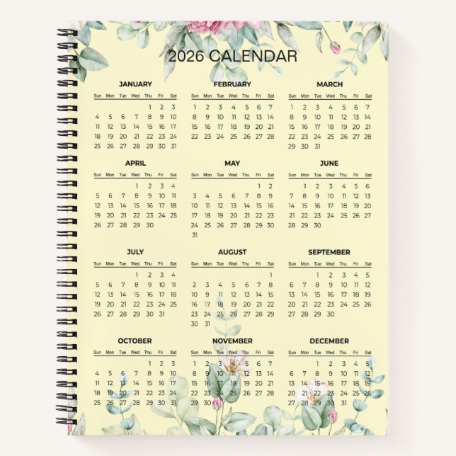 Simple Elegant Botanical 2026 Calendar |  Notebook (Front)