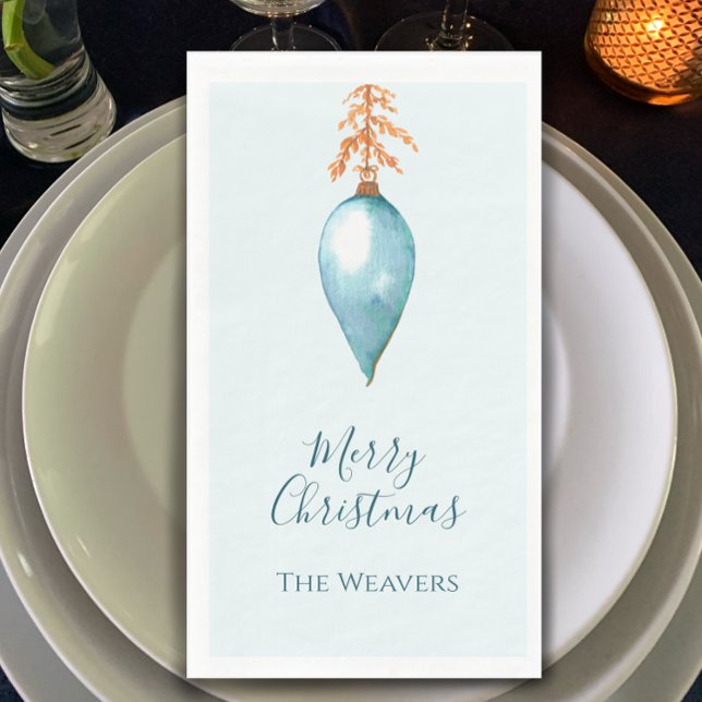 Simple Elegant Botanical Blue Watercolor Christmas Napkin (Blue Merry Christmas dinner napkin. Personalized modern simple hand painted watercolor bauble.

)