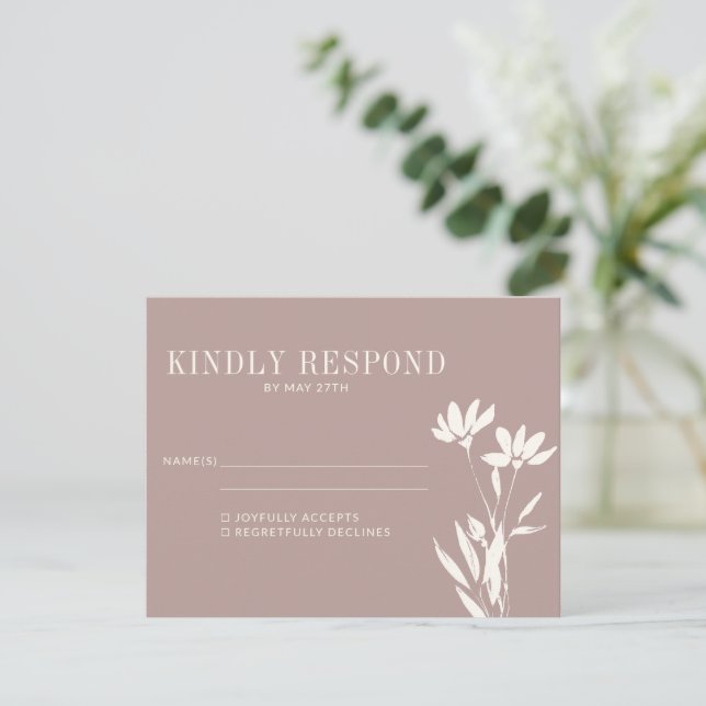 Simple Elegant Botanical Dusty Mauve Ivory Wedding RSVP Card (Standing Front)
