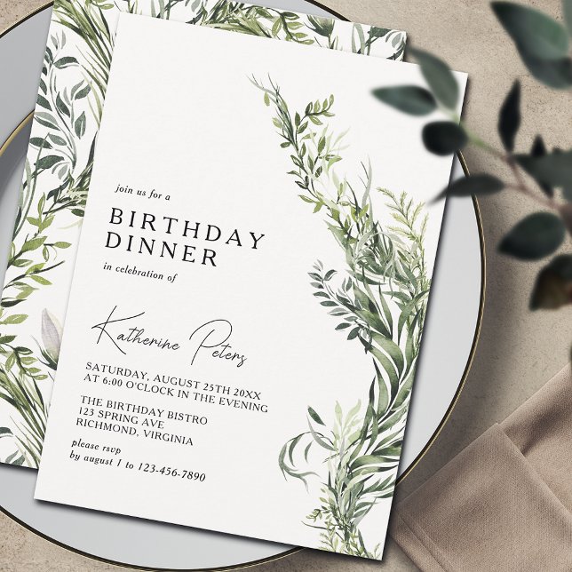 Simple Elegant Botanical Greenery Birthday Dinner Invitation (Creator Uploaded)