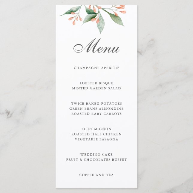 Simple Elegant Botanical Watercolor Wedding Menu (Front)