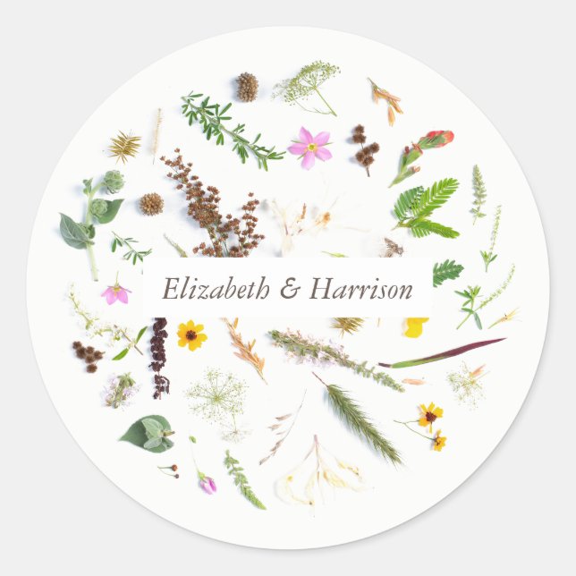 Simple Elegant Botanical Wild Flower Wedding Favou Classic Round Sticker (Front)