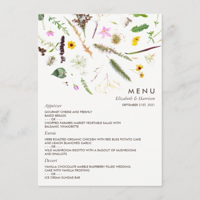 Simple Elegant Botanical Wild Flower Wedding Menu (Front)