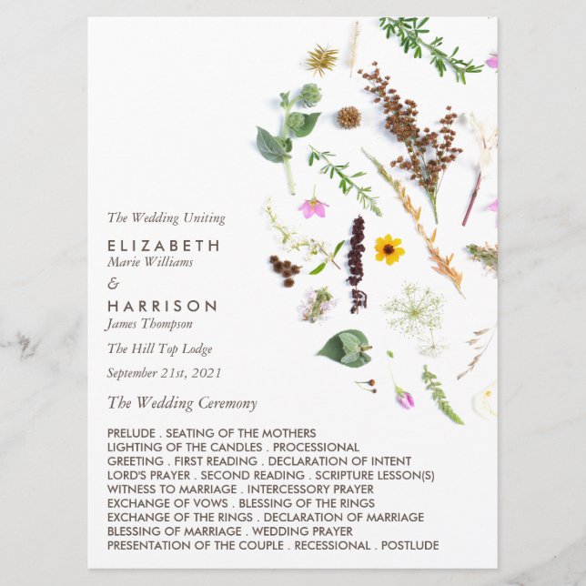 Simple Elegant Botanical Wild Flower Wedding Program (Front)