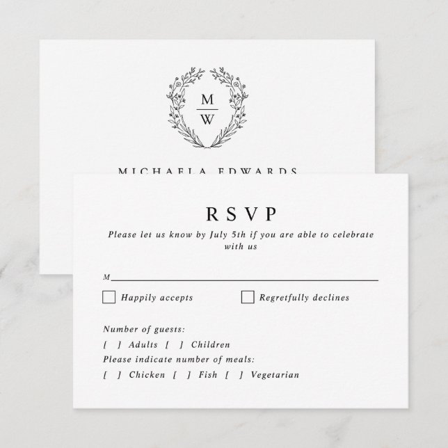 Simple Elegant Botanical Wreath Monogram Wedding RSVP Card (Front/Back)