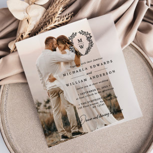 Simple Elegant Botanical Wreath Monogram Wedding Vellum Invitations