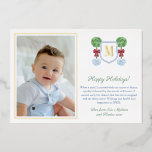 Simple Elegant Boxwood Monogram Photo Green Gold Foil Holiday Card<br><div class="desc">Preppy Happy Holidays photo card design featuring a Boxwood topiary tree with red bow, in a blue planter. In front of this is a crest shape with space for a single letter monogram. The watercolor elements were originally handpainted by me in watercolors onto 100% cotton paper before being scanned and...</div>