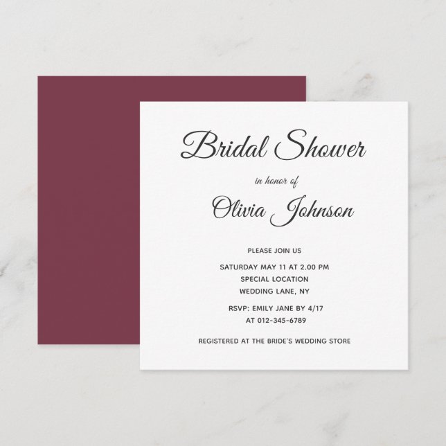 Simple Elegant Burgundy and White Bridal Shower Invitation (Front/Back)