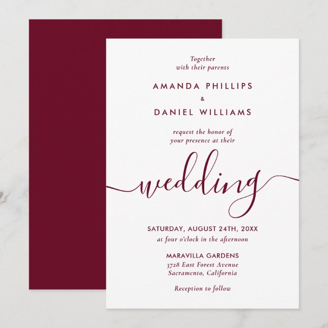 Simple Elegant Burgundy Modern Script Wedding Invitation (Front/Back)