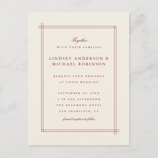 Simple Elegant Burgundy & Pearled Ivory Wedding Invitation Postcard (Front)