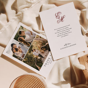 Simple Elegant Burgundy Red Monogram Photo Wedding Thank You Card