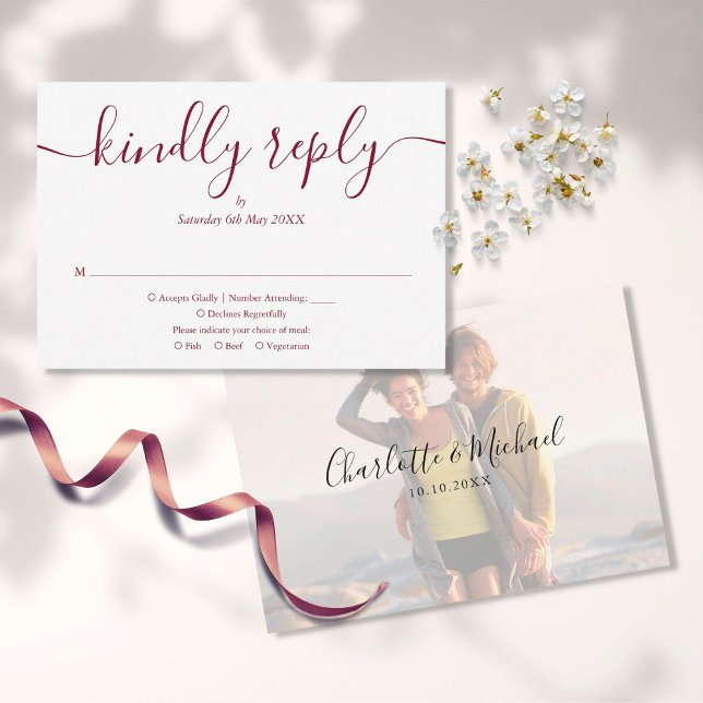 Simple Elegant Burgundy Script Photo Wedding RSVP Card (Creator Uploaded)