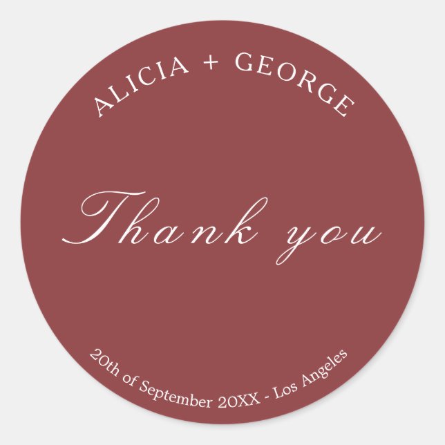 Simple elegant burgundy Wedding Thank You Classic Round Sticker (Front)