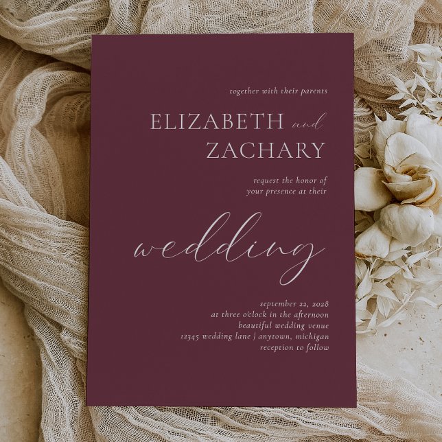 Simple Elegant Burgundy White Script Wedding Invitation (Creator Uploaded)