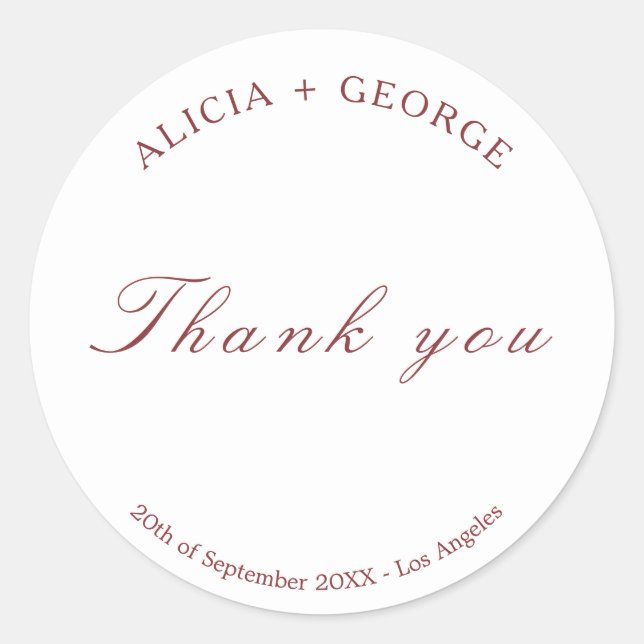 Simple elegant burgundy white Wedding Thank You Classic Round Sticker (Front)