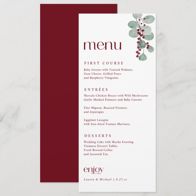 Simple Elegant Burgundy Winter Christmas Wedding Menu (Front/Back)