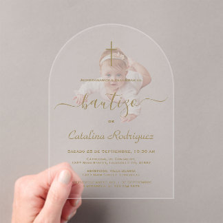 Simple Elegant Calligraphy Baby Photo Baptism  Acrylic Invitations