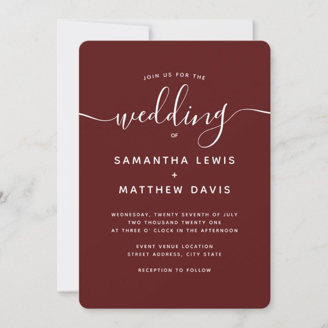 Simple Elegant Calligraphy Burgundy Moody Wedding Invitation (Front)