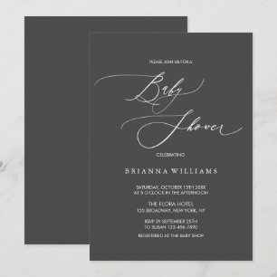 Simple Elegant Calligraphy Charcoal Baby Shower Invitation