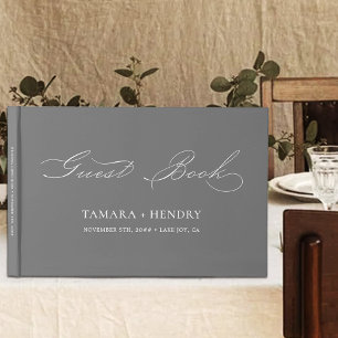 Simple Elegant Calligraphy Grey and White Wedding Guest Book